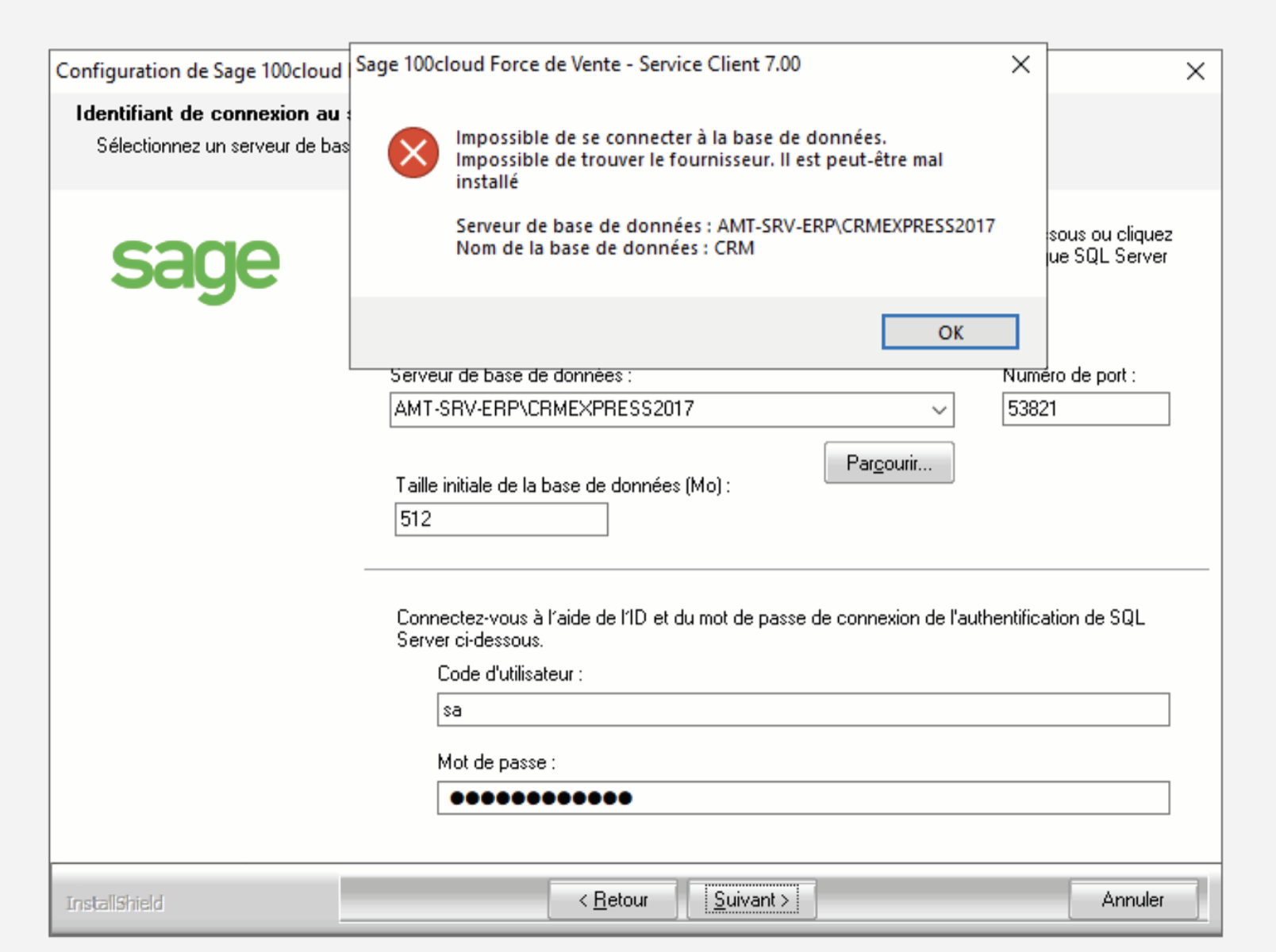 Erreur à l'installation du logiciel Sage CRM 100c V7 : impossible de se connecter à la base de données